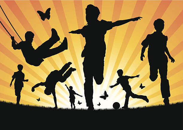 illustrazioni stock, clip art, cartoni animati e icone di tendenza di bambini che giocano sotto il sole - healthy lifestyle jumping people happiness