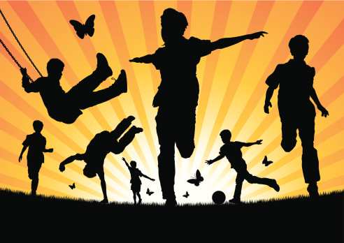 Vector illustration of a collection of children playing and running in the sunshine. Hi-res Jpeg, PNG and PDF files included.