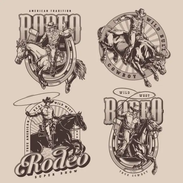 Vector illustration of Rodeo show set flyers monochrome
