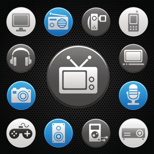 istock Black icons of multimedia devices on grill 154042435