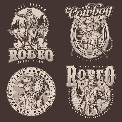 Rodeo show set posters monochrome brave guy on bull near cowboy with horseshoe and lasso to catch animal vector illustration