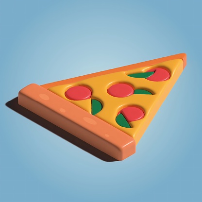 A toy-like slice of pizza on a blue background.