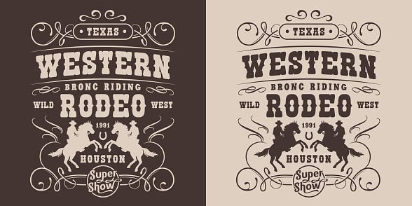 Western show vintage poster monochrome for inviting participants and spectators to rodeo in houston with cowboys on horseback vector illustration