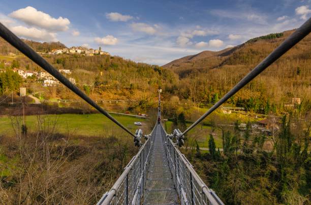 istock Suspension bridge walkway seen from above in the foreground 1540435632
