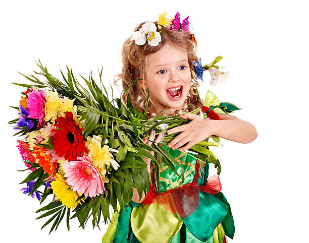 Child with flower and butterfly. Isolated.