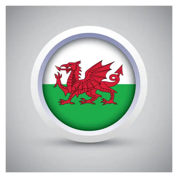 Vector illustration of Wales flag on white button with flag icon, standard color