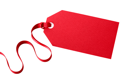 Red gift tag or price ticket with red ribbon isolated on white (with path).  Alternative version shown below: