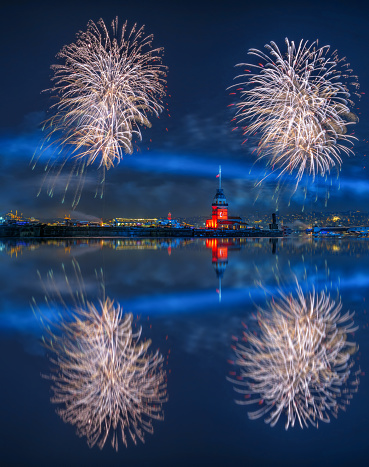 The Republic celebration of Turkey, Fireworks, light shows and reflections at Maiden's Tower Uskudar