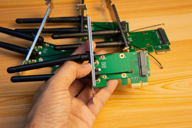 Part of a circuit board and chip which is made in Taiwan. Text on the board.