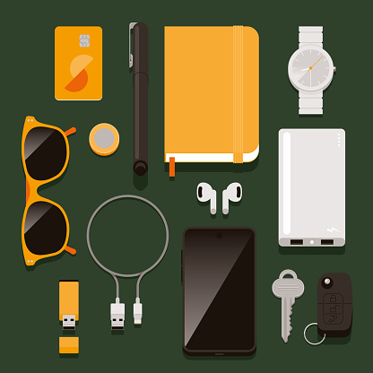 Selection of everyday items that you might carry about in your bag or pockets on a day-to-day basis. Simple vector illustrations with global colour swatches.