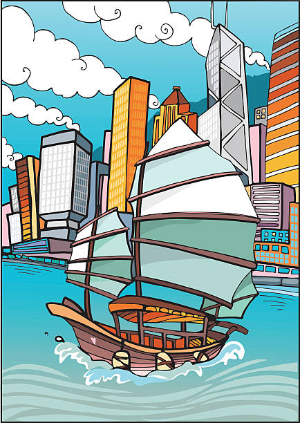 Love Hong Kong Traditional Chinese Junk in Hong Kong. Sketch and colors are on different layers. the bank of china tower stock illustrations