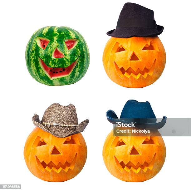 Photo libre de droit de Trois Cowboy Pumkins Et De Melon banque d'images et plus d'images libres de droit de Anthropomorphisme - Anthropomorphisme, Automne, Bougie