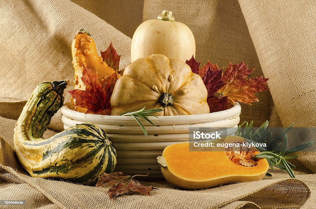 Variedad de pumpkins en canasta con Hojas otoñales y romero - Foto de stock de Agricultura libre de derechos