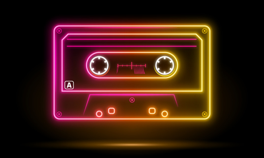 Neon retro audio cassette color, musiccasette, cassette tape, vector art image illustration, mix tape retro cassette design, Music vintage and audio theme Vector illustration, vibrant glow neon cassette