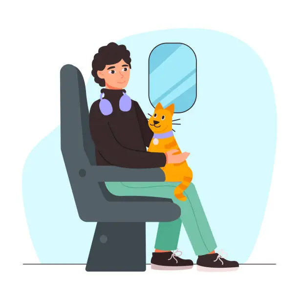 Vector illustration of Man with headphones and a cat sits in a plane or train. Traveling. Vector graphic.