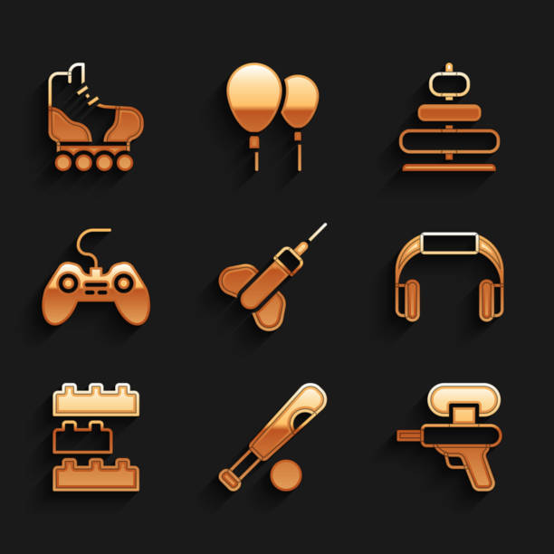 ilustrações de stock, clip art, desenhos animados e ícones de set dart arrow, baseball bat with ball, water gun, headphones, toy building block bricks, gamepad, pyramid toy and roller skate icon. vector - baseball bat audio