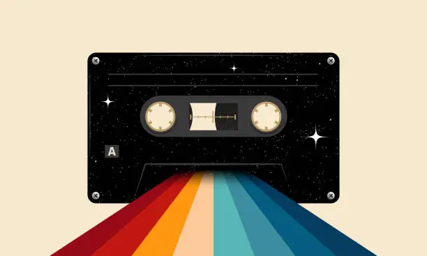 Vector illustration of Retro musiccasette with retro colors eighties style, cassette tape, vector art image illustration, mix tape retro cassette design, Music vintage and audio theme,  Synthwave and vaporwave template