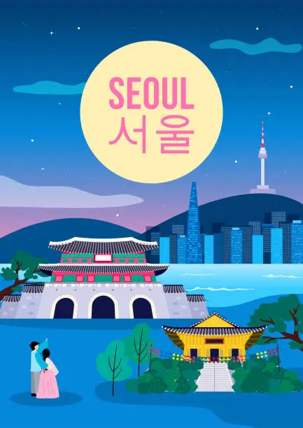 Vector illustration of Seoul (written in Korean character) poster vector illustration. Night view landscape with Korea attractions. postcard design