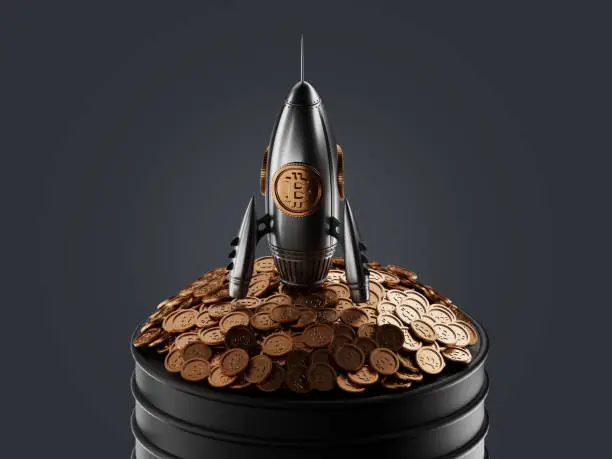 bitcoin to the moon, bullish cryptocurrency. bitcoin token crypto currency logo in a rocket with copy space background in 3D rendering. Metal gold texture
