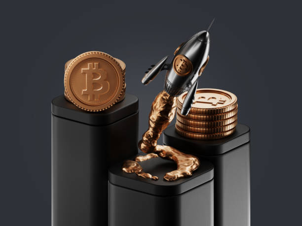 bitcoin to the moon, bullish cryptocurrency. bitcoin token crypto currency logo in a rocket with copy space background in 3D rendering. Metal gold texture