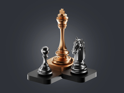 This 3D icon depicts golden chess pieces, symbolizing strategy, intelligence, and the pursuit of victory. 3d illustration. Gold metal texture