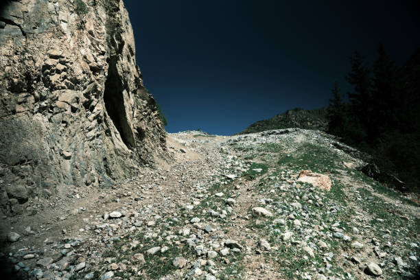 Rocky road up to mountain ridge