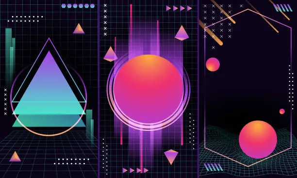 Vector illustration of Set of retro futurism shapes, flyer geometric elements. Holographic backlighting in the 80s - 90s. Futuristic vaporwave design. Fashionable forms for merch and t-shirts. Vector set of glitch elements.