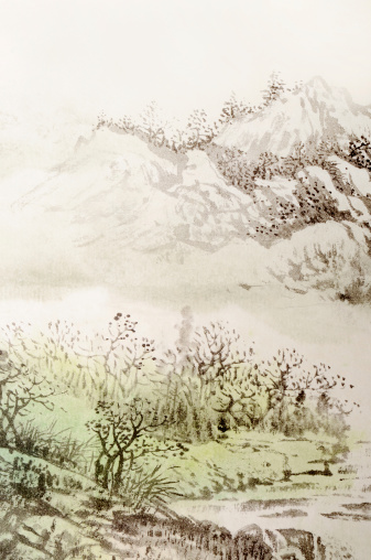 Chinese traditional painting, landscape with mountain and river.