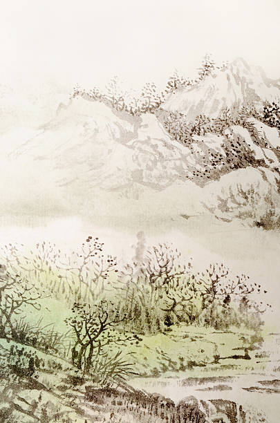 landscape Chinese traditional painting, landscape with mountain and river. japanese landscape stock illustrations