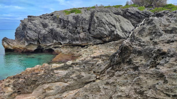 버뮤다의 세인트 조지 섬에 있는 아이올리아나이트 암석 - bermuda beach limestone rock 뉴스 사진 이미지