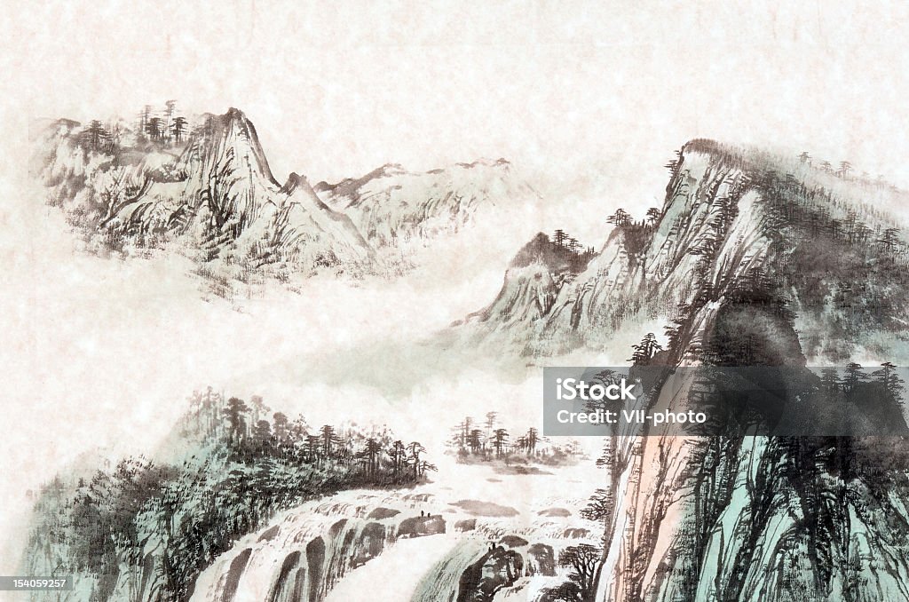 Drawing of a mountain landscape Chinese traditional painting, landscape with mountain and river. Chinese Culture stock illustration