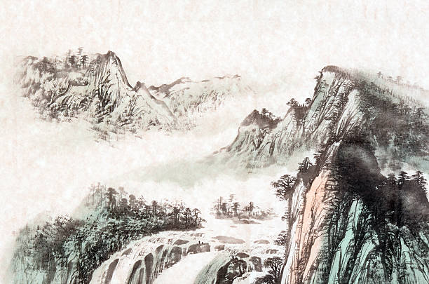 Drawing of a mountain landscape Chinese traditional painting, landscape with mountain and river. japanese language stock illustrations