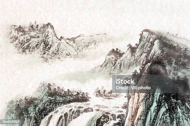 Drawing Of A Mountain Landscape Stock Illustration - Download Image Now - Chinese Culture, Painting - Art Product, Japanese Culture