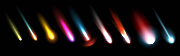 istock Space meteors, comets, stars and asteroids with fire trails realistic. 3d meteorite fireball and space objects falling down with glowing gas and dust tails. Vector illustration 1540594689