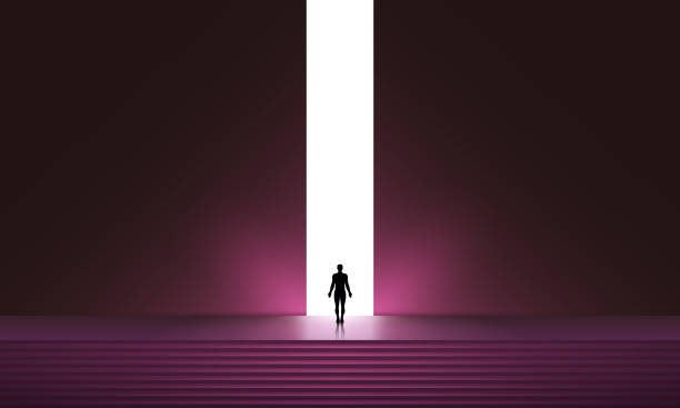 istock Man silhouette in front of glowing portal, futuristic vector background, Abstract cyberpunk architecture with gradient lighting. New Possibilities, Hope - Business Finding Solution Vector Concept - Businessman Standing in Dark, Symbol of Light at the End 1540606825