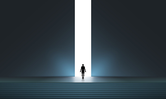 Man silhouette in front of glowing portal, futuristic vector background, Abstract cyberpunk architecture with gradient lighting. New Possibilities, Hope - Business Finding Solution Vector Concept - Businessman Standing in Dark, Symbol of Light at the End