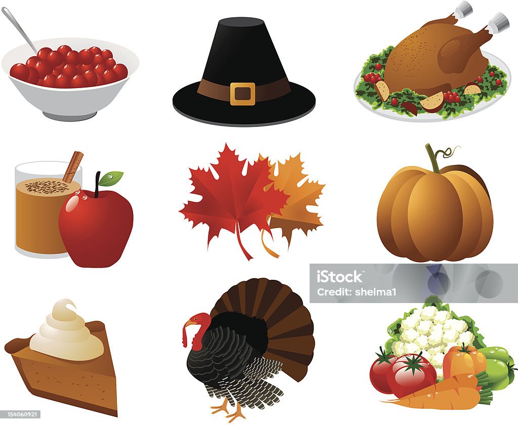 Thanksgiving Icons Cranberry sauce, a pilgrim hat, roast turkey, apple cider, maple leaves, pumpkin, pumpkin pie, a tom turkey and autumn vegetables. Grouped for easy editing. See similar files: Cranberry Sauce stock vector