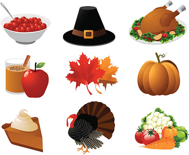 Thanksgiving Icons Cranberry sauce, a pilgrim hat, roast turkey, apple cider, maple leaves, pumpkin, pumpkin pie, a tom turkey and autumn vegetables. Grouped for easy editing. See similar files: cranberry sauce stock illustrations