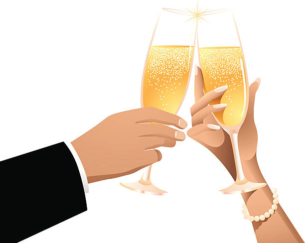 ilustrações, clipart, desenhos animados e ícones de brinde de champanhe - wedding couple toast glasses