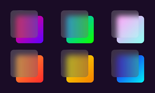 Set of transparent frames in glass morphism style. Place for your texts and images. Bright neon squares with a background blur effect, a place for icons, a set of multi-colored frames for a dark background