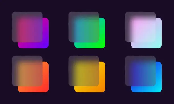 Vector illustration of Set of transparent frames in glass morphism style. Place for your texts and images. Bright neon squares with a background blur effect, a place for icons, a set of multi-colored frames for a dark background