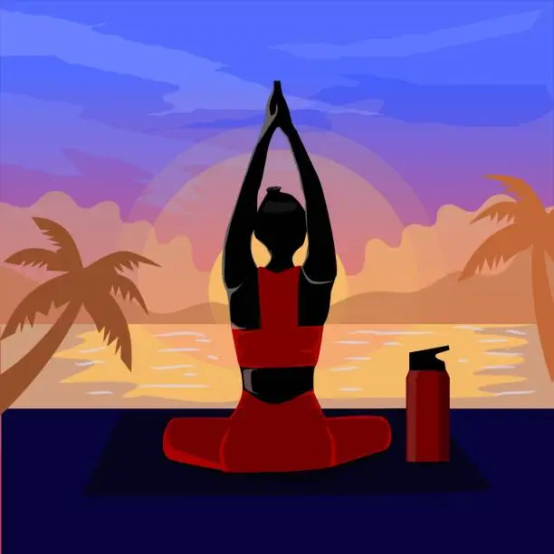 Vector illustration of international yoga day illustration, silhouette woman at the beach practice yoga sport