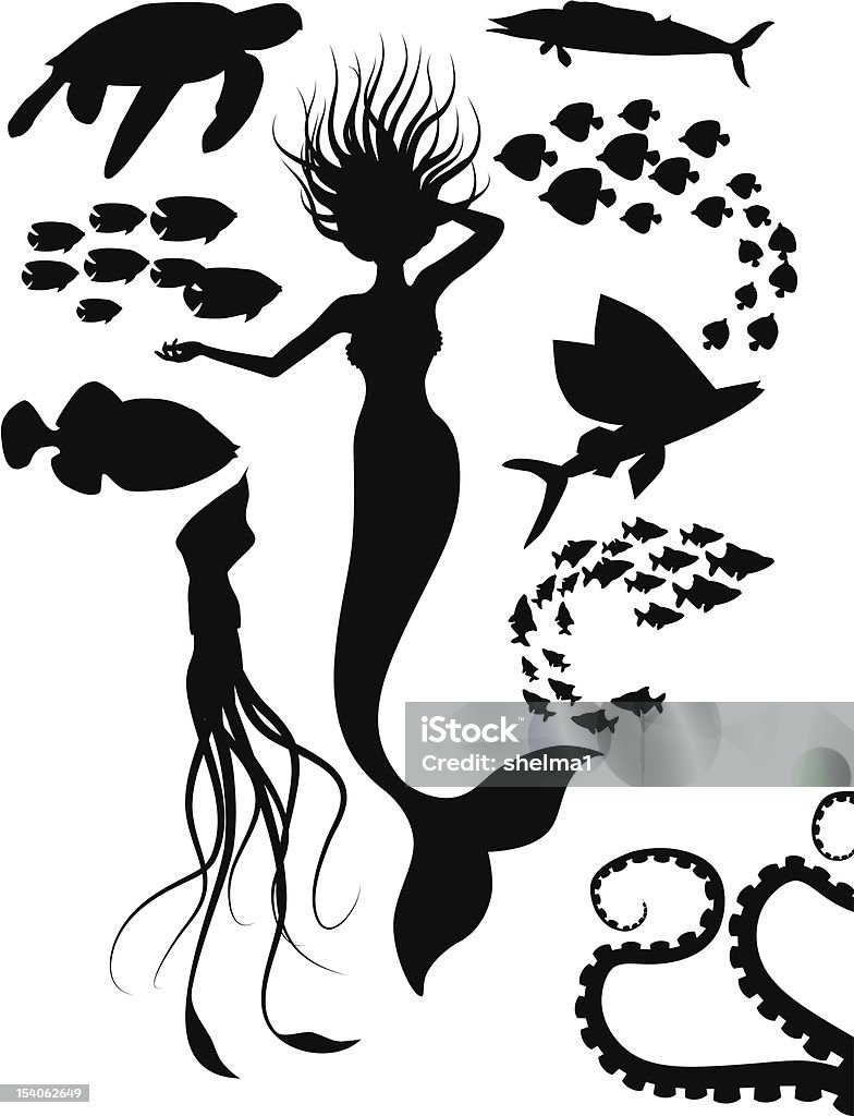 Sea Silhouettes Mermaid, squid, sea turtle, octopus arms and various fishes. Flying Fish stock vector