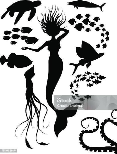 Sea Silhouettes Stock Illustration - Download Image Now - Flying Fish, Black And White, Animal