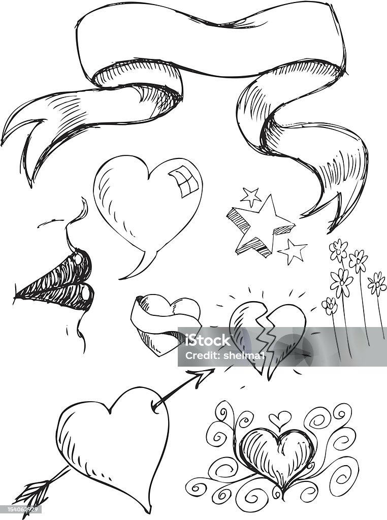 Hand drawn black and white heart doodles A collection of love and romance elements, drawn in doodle style.  Broken Heart stock vector