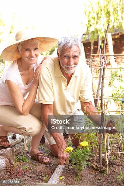 선임 커플입니다 편안한 가든 노인에 대한 스톡 사진 및 기타 이미지 - 노인, 은퇴, 지역공동체 텃밭