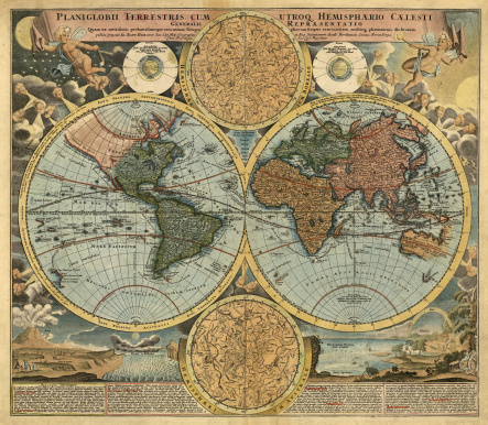 old genuine map of the world with compass