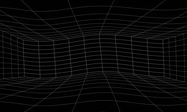 Vector illustration of Empty futuristic digital box room grey-black background with white grid space line color surface. Network cyber technology. banner, cover, terrain, sci-fi, wireframe, and related to background.
Synthwave wireframe net illustration.