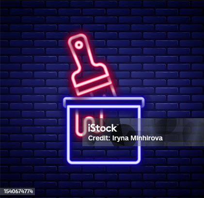 istock Glowing neon line Paint bucket with brush icon isolated on brick wall background. Colorful outline concept. Vector 1540674774
