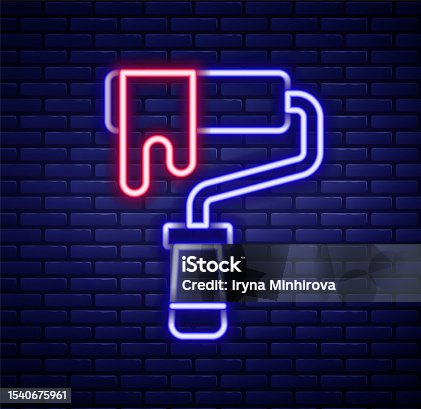 istock Glowing neon line Paint roller brush icon isolated on brick wall background. Colorful outline concept. Vector 1540675961